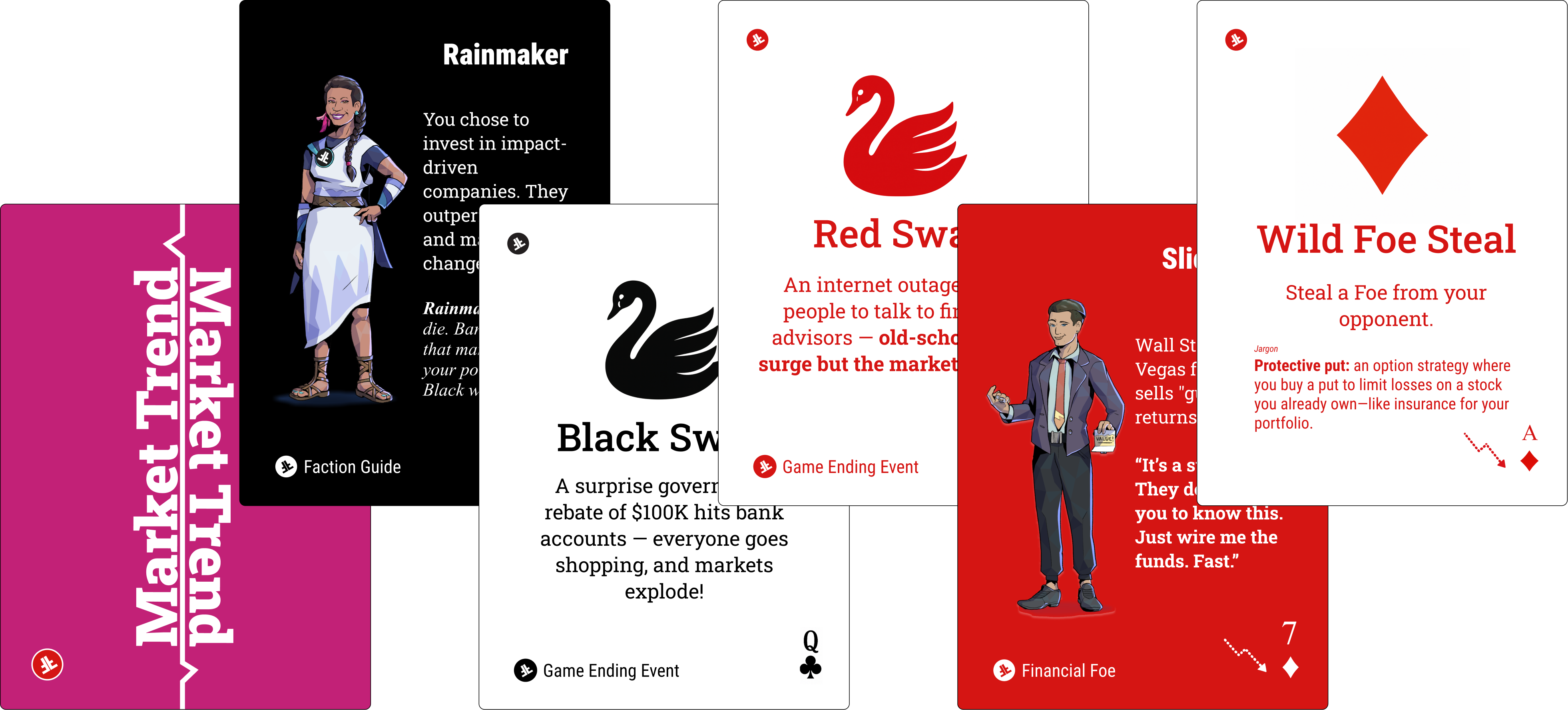 Game of Gains card spread showing Faction Guide, Black Swan, Red Swan, Financial Foe, and Wild Foe Steal cards
